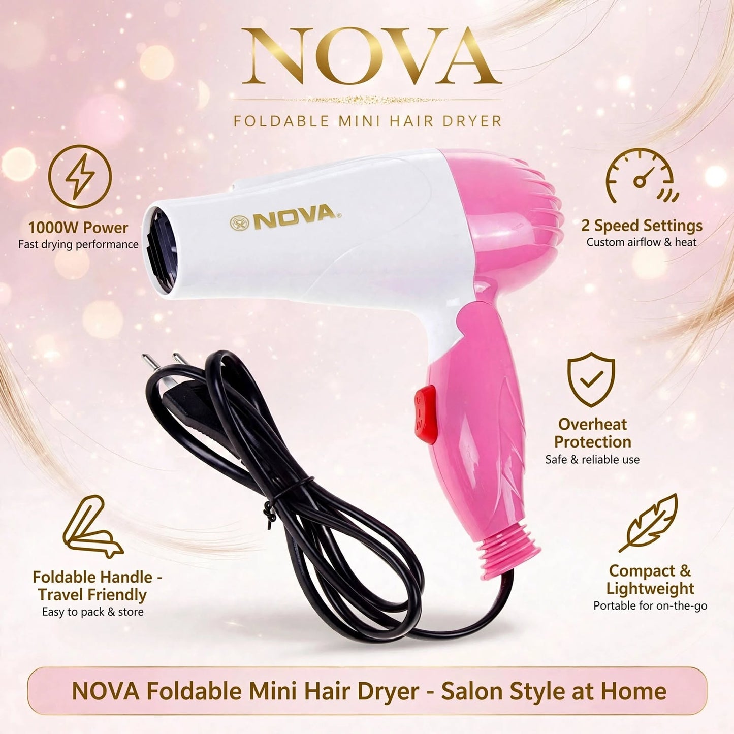 Nova NV-1290 Hair Dryer ā Fast Drying Foldable Travel Hair Dryer