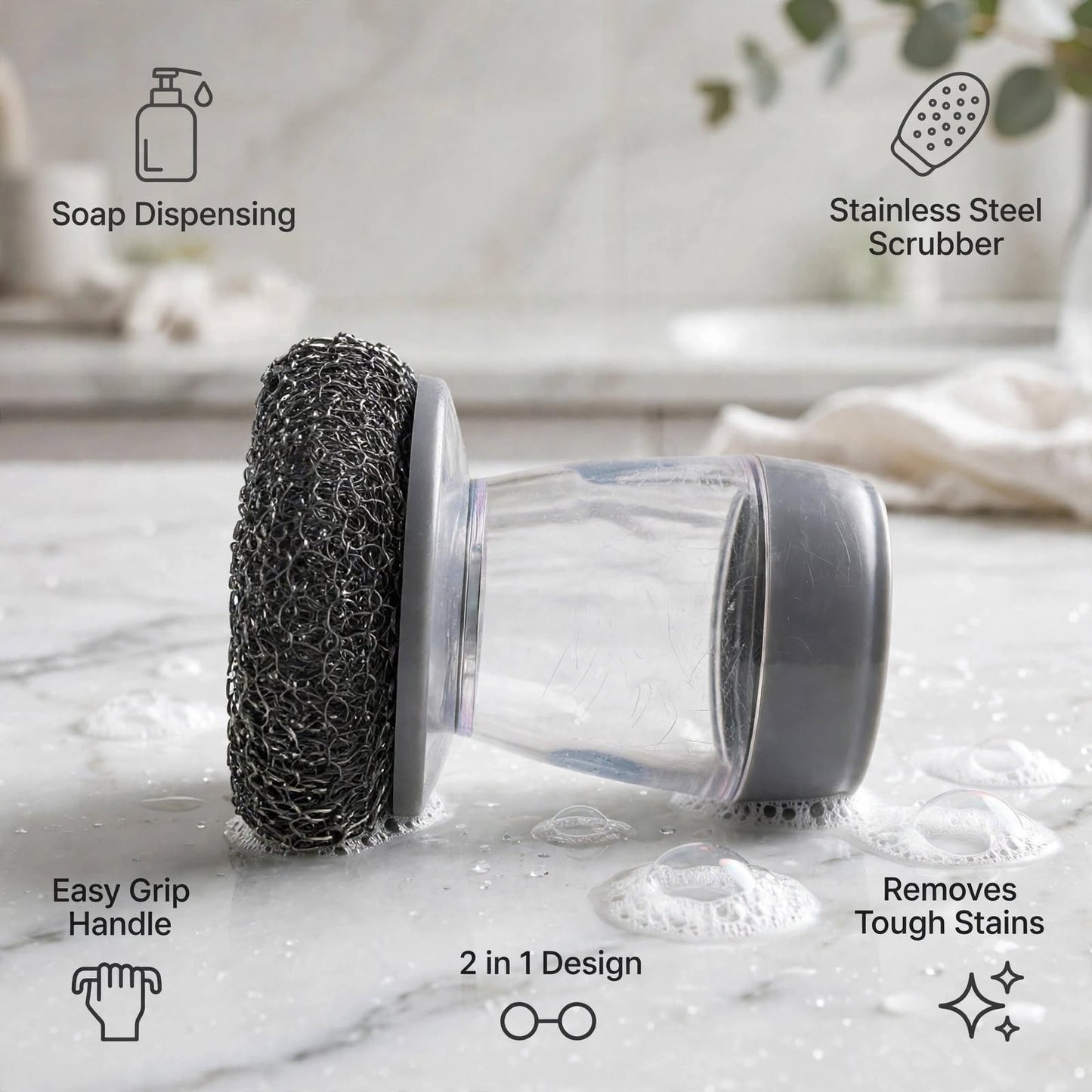 Soap Dispenser Dish Scrubber Brush – Steel Wire Kitchen Cleaning Brush